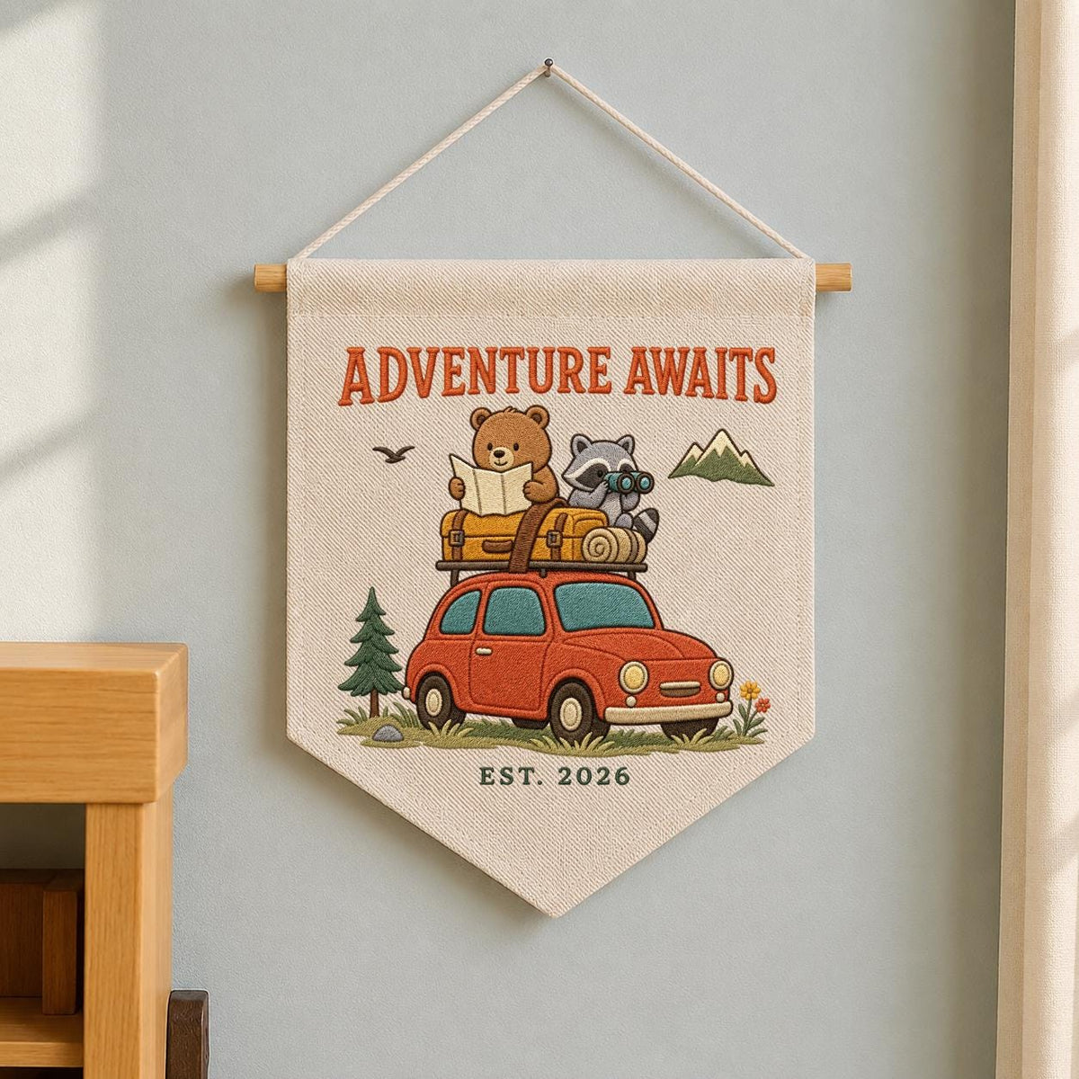 Personalized Woodland Adventure Canvas Pennant Banner Decor, Custom Embroidered Bear Raccoon Road Trip Mountain Wall Sign, Baby Shower Gift