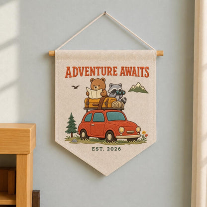 Personalized Woodland Adventure Canvas Pennant Banner Decor, Custom Embroidered Bear Raccoon Road Trip Mountain Wall Sign, Baby Shower Gift