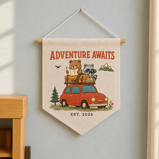 Personalized Woodland Adventure Canvas Pennant Banner Decor, Custom Embroidered Bear Raccoon Road Trip Mountain Wall Sign, Baby Shower Gift