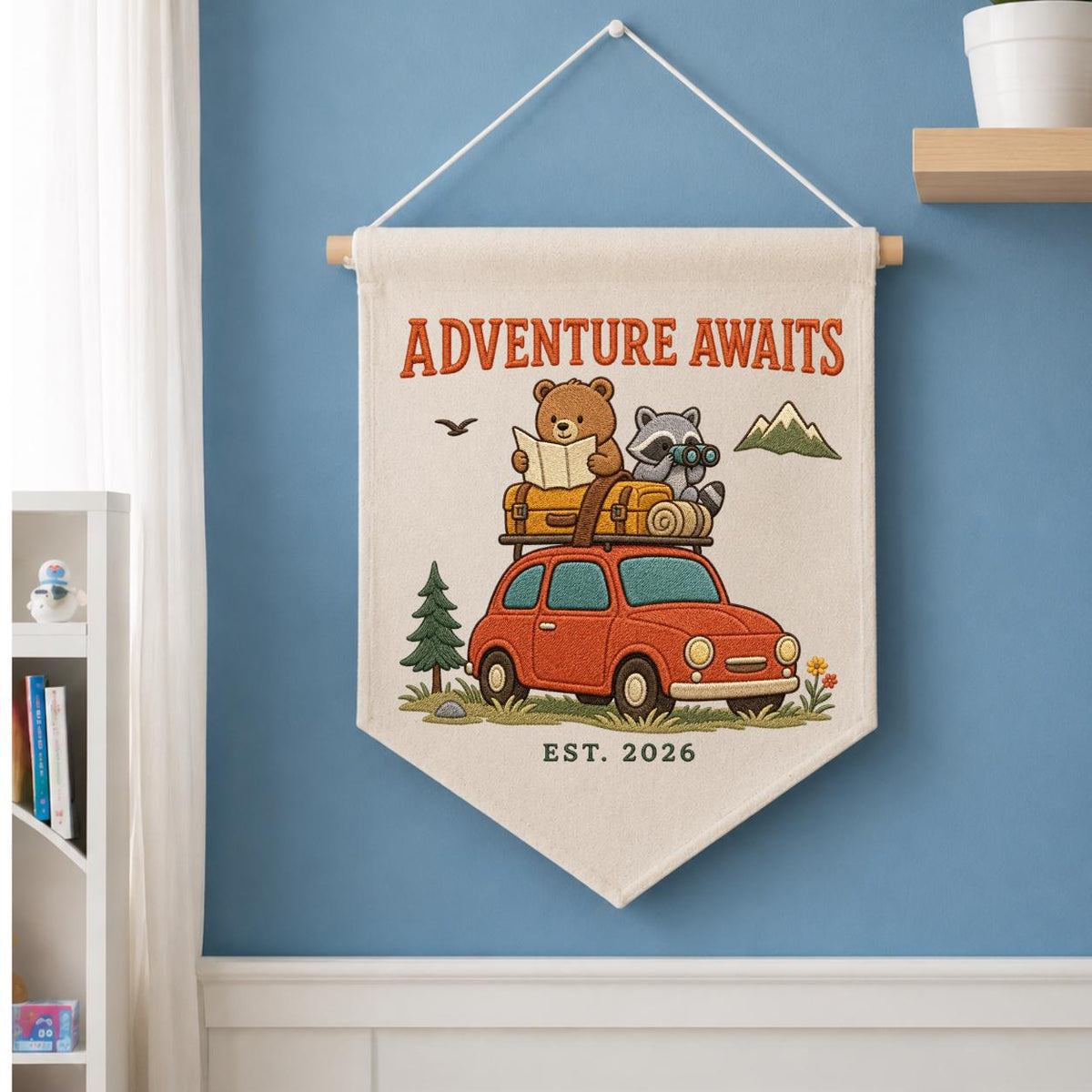 Personalized Woodland Adventure Canvas Pennant Banner Decor, Custom Embroidered Bear Raccoon Road Trip Mountain Wall Sign, Baby Shower Gift