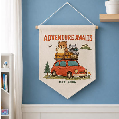 Personalized Woodland Adventure Canvas Pennant Banner Decor, Custom Embroidered Bear Raccoon Road Trip Mountain Wall Sign, Baby Shower Gift