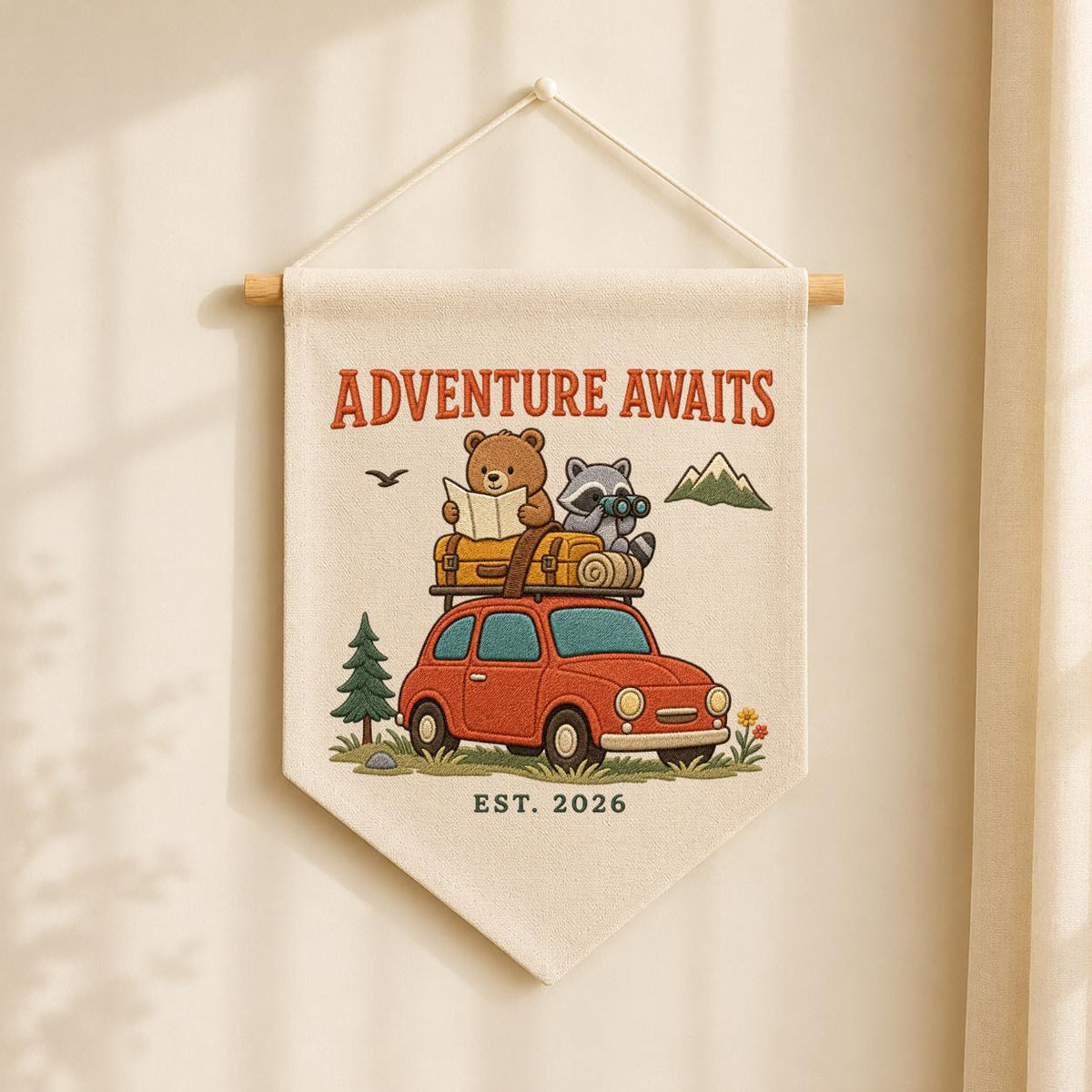 Personalized Woodland Adventure Canvas Pennant Banner Decor, Custom Embroidered Bear Raccoon Road Trip Mountain Wall Sign, Baby Shower Gift