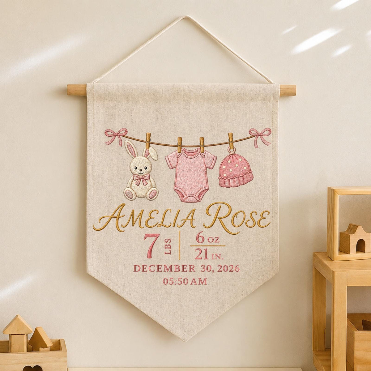 Personalized Embroidered Birth Stats Wall Hanging Banner, Custom Baby Name Sign, Newborn Girl Gift, Baby Birth Announcement Decor