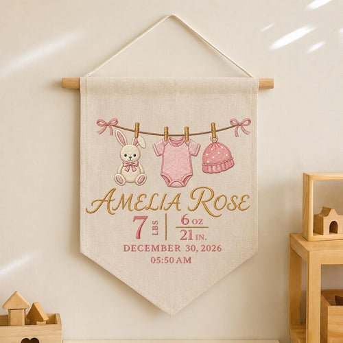 Personalized Embroidered Birth Stats Wall Hanging Banner, Custom Baby Name Sign, Newborn Girl Gift, Baby Birth Announcement Decor