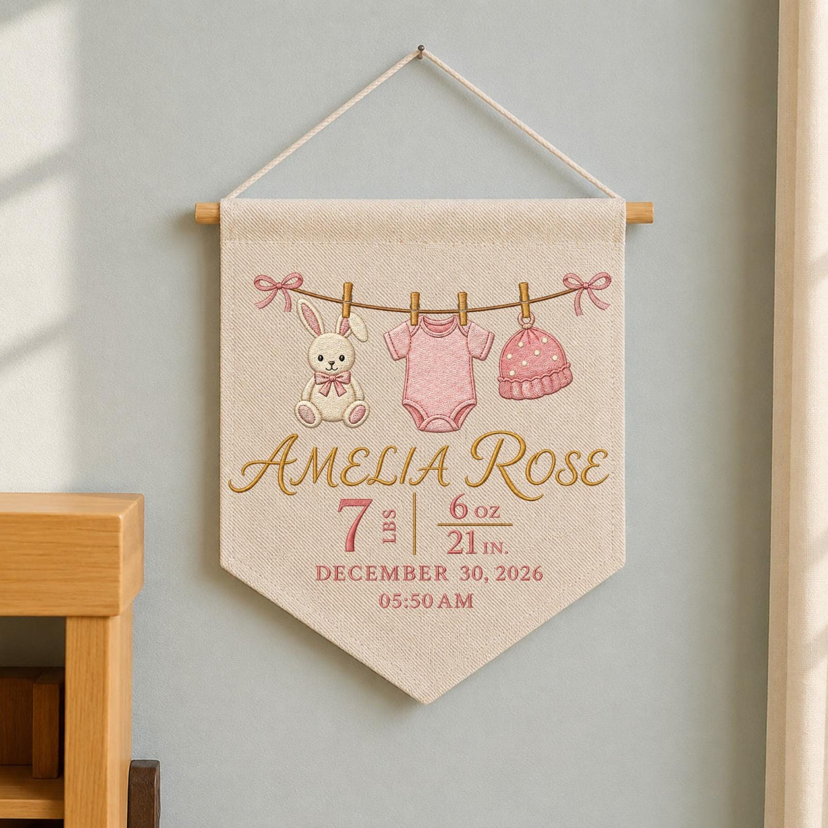 Personalized Embroidered Birth Stats Wall Hanging Banner, Custom Baby Name Sign, Newborn Girl Gift, Baby Birth Announcement Decor