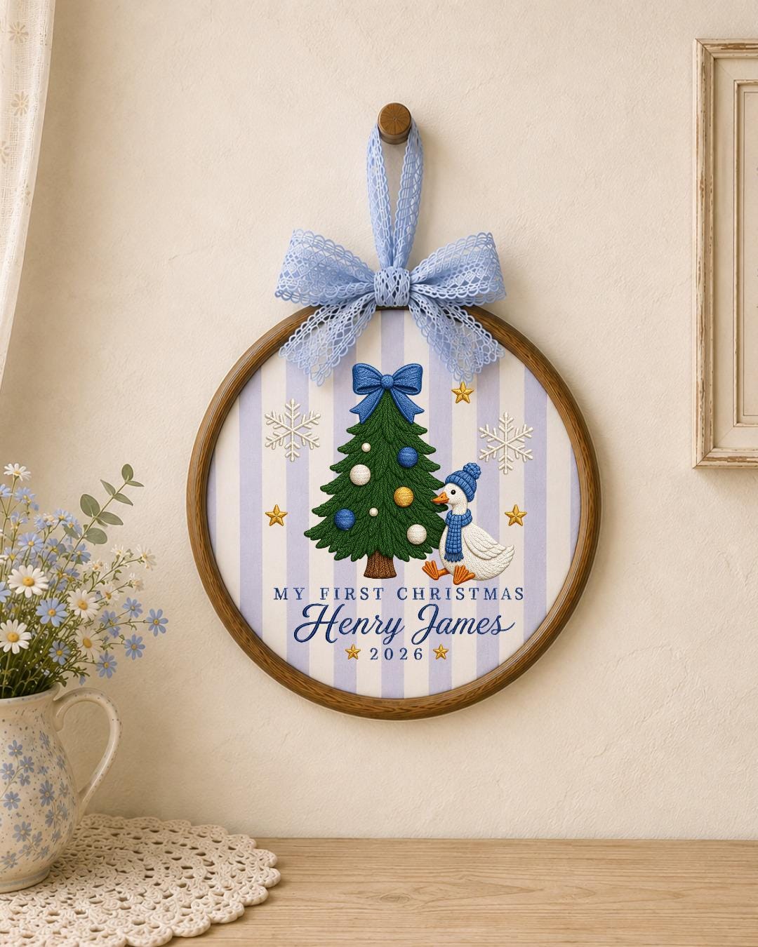 Personalized Embroidered First Christmas Ornament, Custom Baby Name Goose Hoop, Baby Boy Christmas 2026 Keepsake, Holiday Nursery Decor