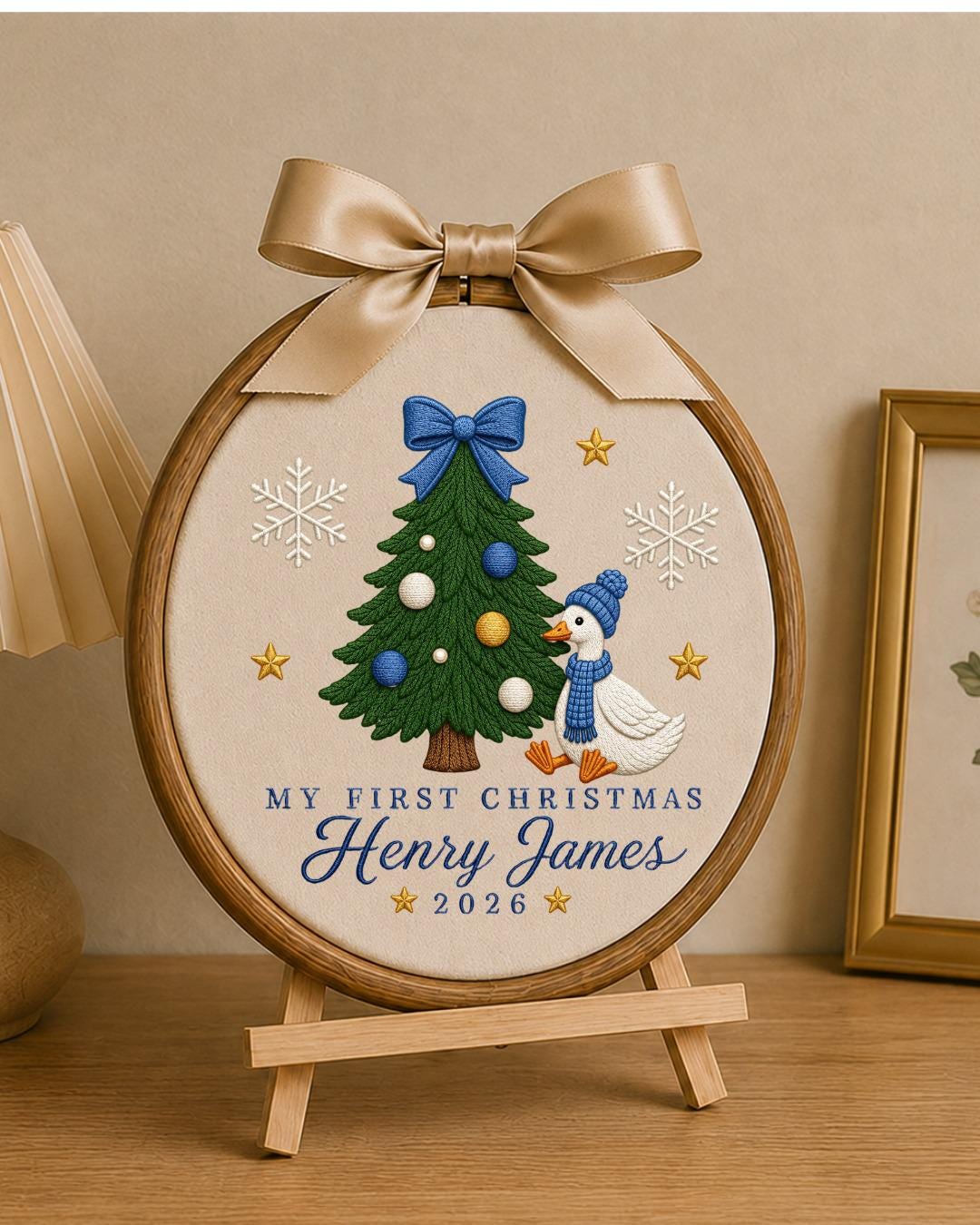 Personalized Embroidered First Christmas Ornament, Custom Baby Name Goose Hoop, Baby Boy Christmas 2026 Keepsake, Holiday Nursery Decor