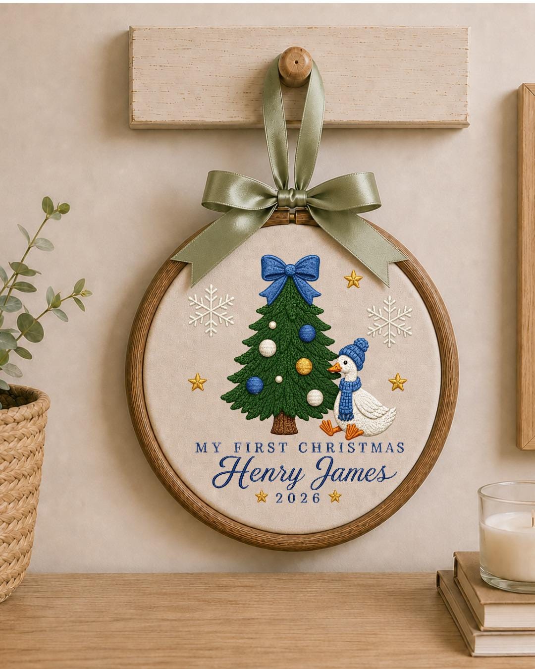 Personalized Embroidered First Christmas Ornament, Custom Baby Name Goose Hoop, Baby Boy Christmas 2026 Keepsake, Holiday Nursery Decor