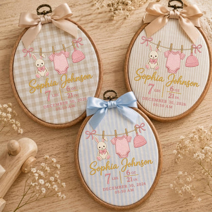 May include: Three oval wooden embroidery hoops featuring fabric with a bunny, baby onesie, and hat illustration. Each displays the name Sophia Johnson, 7 lbs 6 oz, 21 in, December 30, 2026, 05:50 AM. The hoops are topped with beige or blue satin bows.