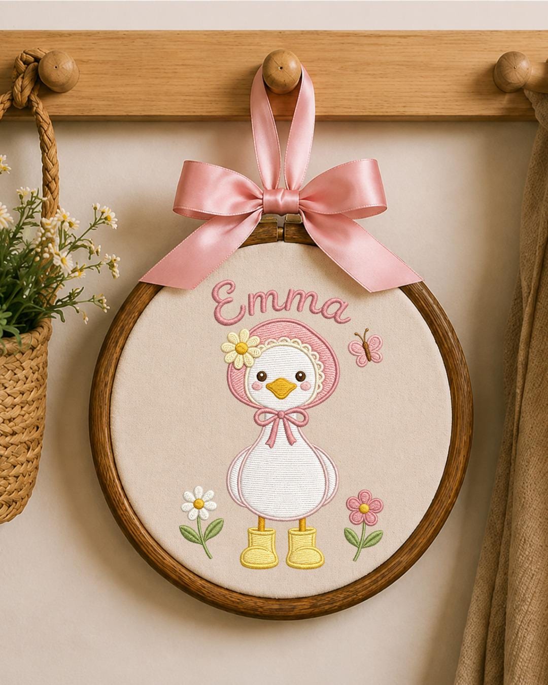Personalized Embroidered Duck Ornament, Custom Baby Name Hoop, Floral Baby Girl Nursery Decor, Newborn Keepsake Gift