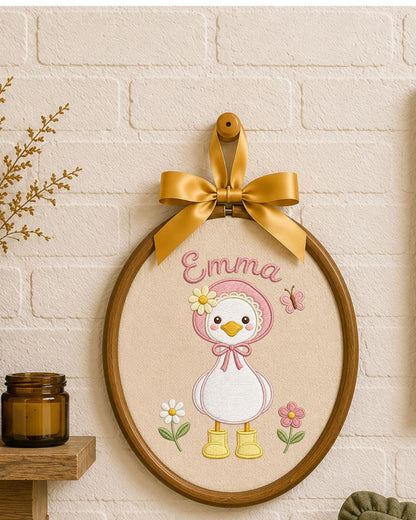 Personalized Embroidered Duck Ornament, Custom Baby Name Hoop, Floral Baby Girl Nursery Decor, Newborn Keepsake Gift