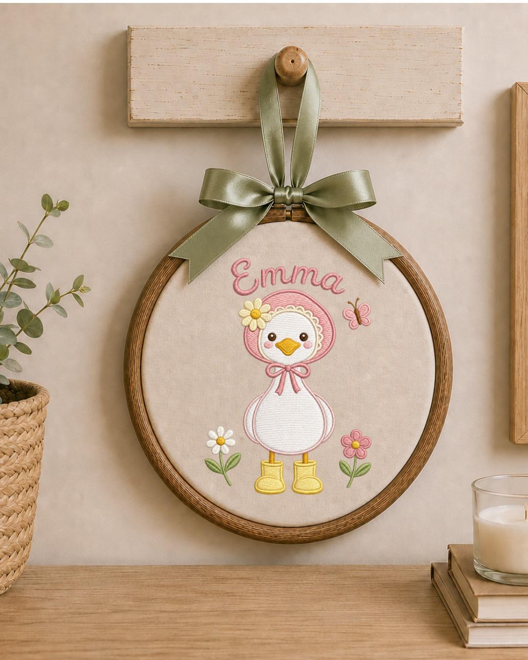Personalized Embroidered Duck Ornament, Custom Baby Name Hoop, Floral Baby Girl Nursery Decor, Newborn Keepsake Gift