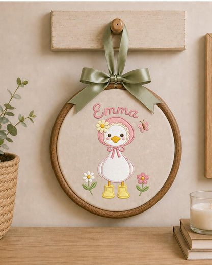 Personalized Embroidered Duck Ornament, Custom Baby Name Hoop, Floral Baby Girl Nursery Decor, Newborn Keepsake Gift
