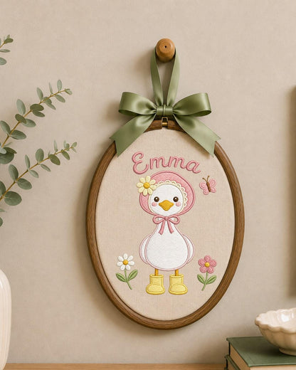 Personalized Embroidered Duck Ornament, Custom Baby Name Hoop, Floral Baby Girl Nursery Decor, Newborn Keepsake Gift