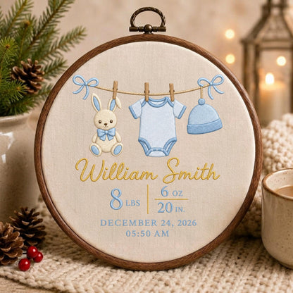 May include: A circular wooden embroidery hoop containing cream fabric with embroidered baby items: a beige rabbit, a light blue onesie, and a light blue hat hanging on a line. Text reads: William Smith, 8 lbs 6 oz, 20 in, December 24, 2026, 05:50 AM.