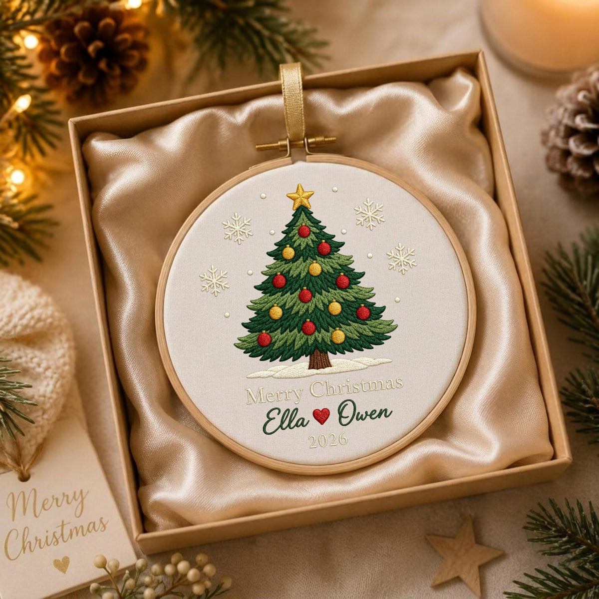 May include: A round wooden embroidery hoop ornament featuring a stitched green Christmas tree with red and yellow ornaments, a gold star topper, and white snowflakes. The text reads Merry Christmas, Ella, a red heart, Owen, and 2026.