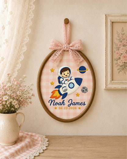 Personalized Embroidered Astronaut Ornament, Custom Baby Name and Birth Date Hoop, Space Nursery Decor, Baby Boy Keepsake Gift