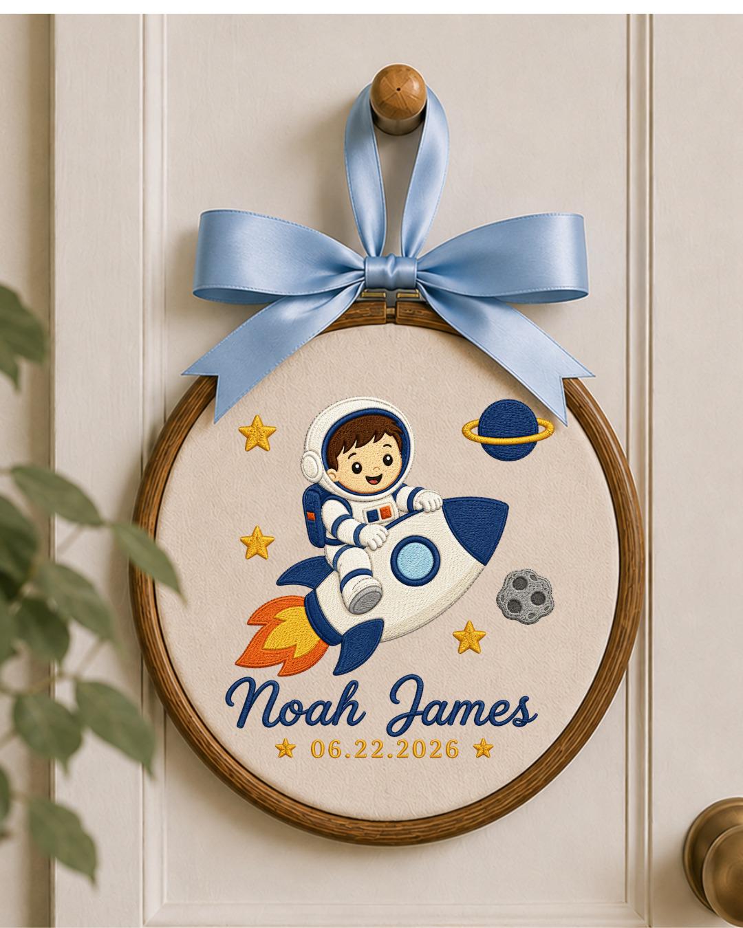 Personalized Embroidered Astronaut Ornament, Custom Baby Name and Birth Date Hoop, Space Nursery Decor, Baby Boy Keepsake Gift