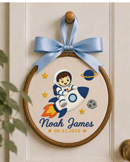 Personalized Embroidered Astronaut Ornament, Custom Baby Name and Birth Date Hoop, Space Nursery Decor, Baby Boy Keepsake Gift