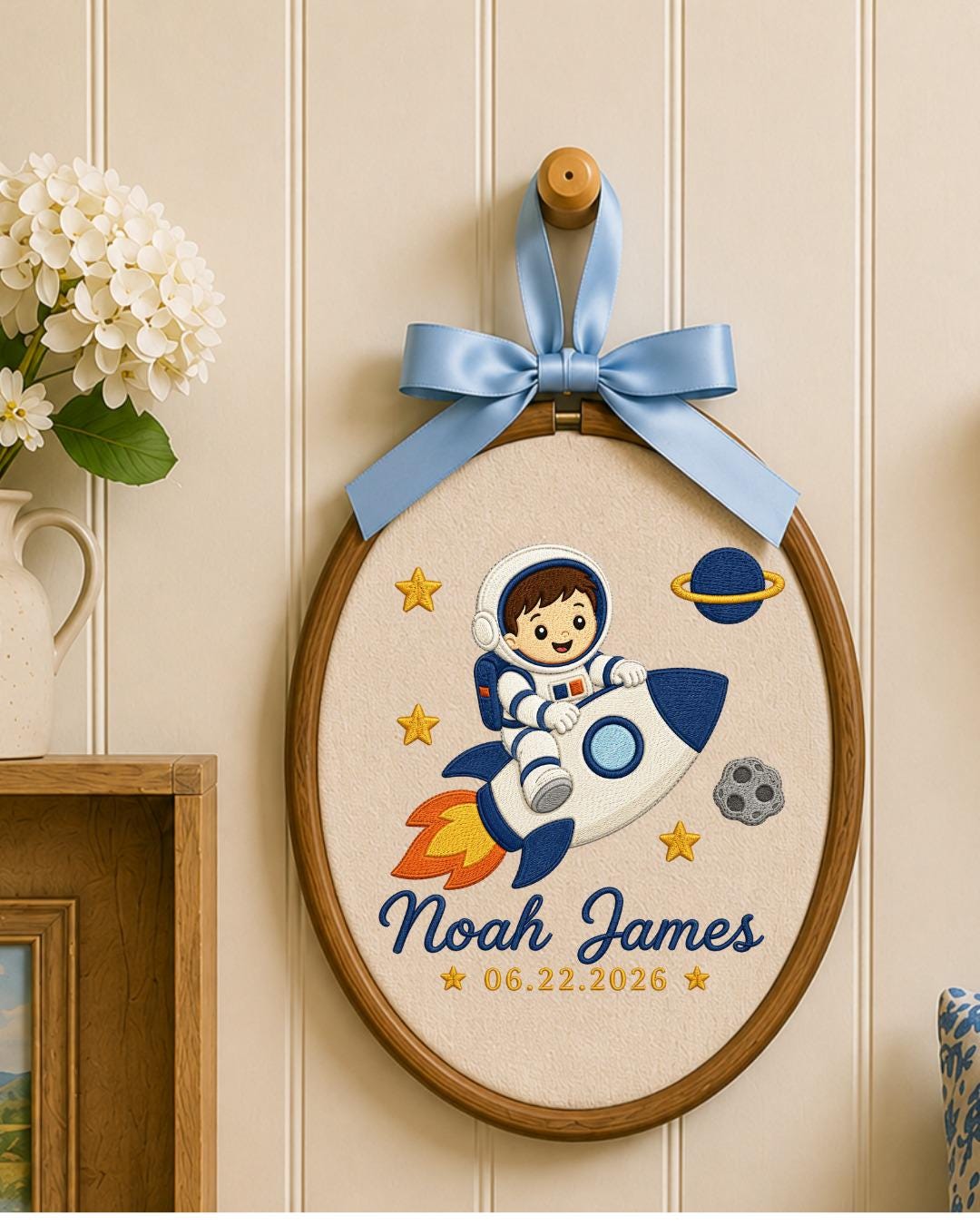 Personalized Embroidered Astronaut Ornament, Custom Baby Name and Birth Date Hoop, Space Nursery Decor, Baby Boy Keepsake Gift