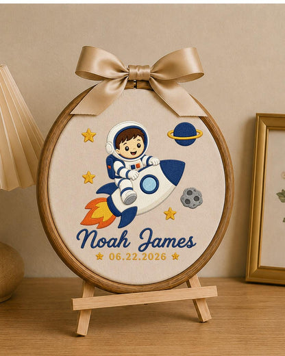 Personalized Embroidered Astronaut Ornament, Custom Baby Name and Birth Date Hoop, Space Nursery Decor, Baby Boy Keepsake Gift