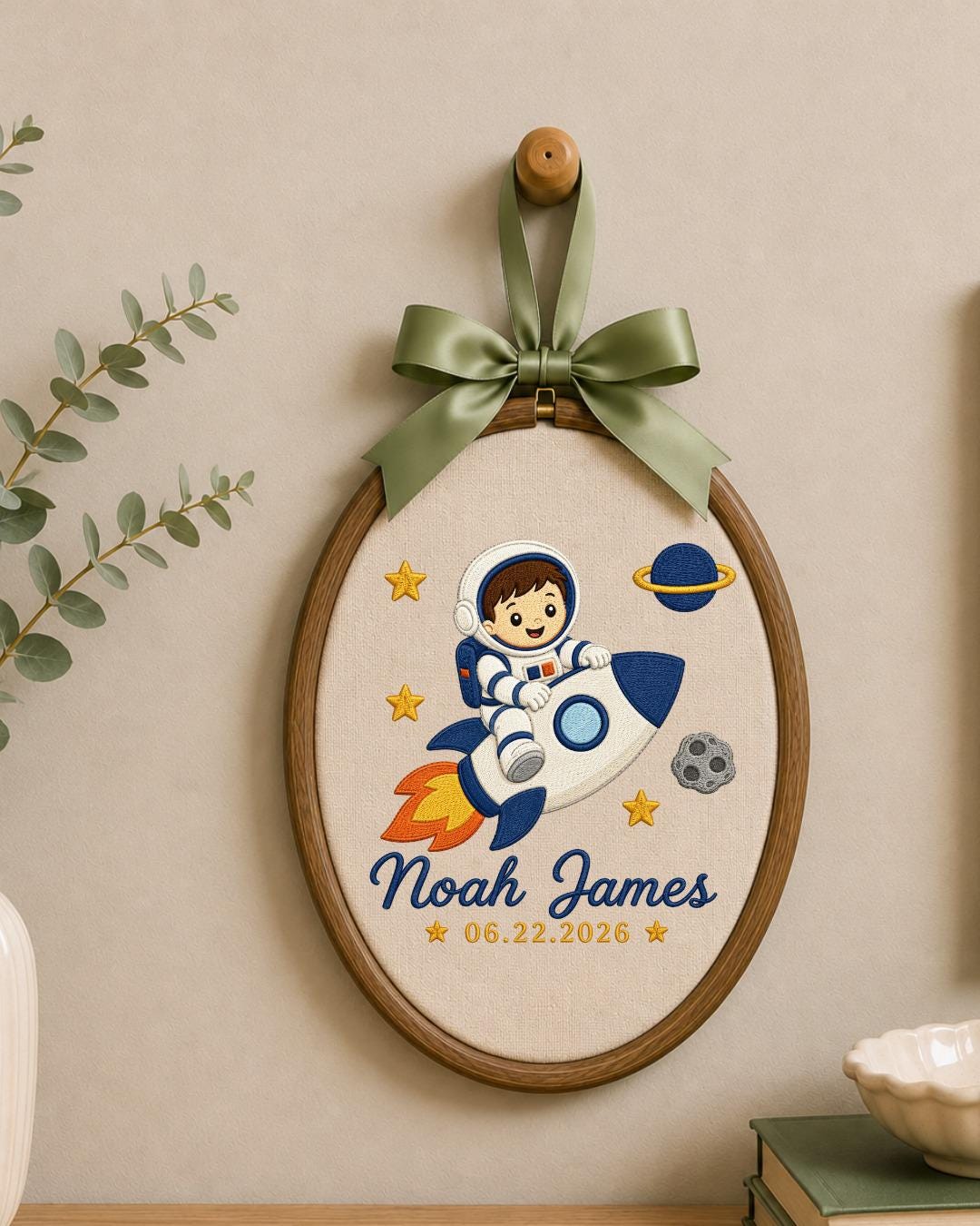 Personalized Embroidered Astronaut Ornament, Custom Baby Name and Birth Date Hoop, Space Nursery Decor, Baby Boy Keepsake Gift