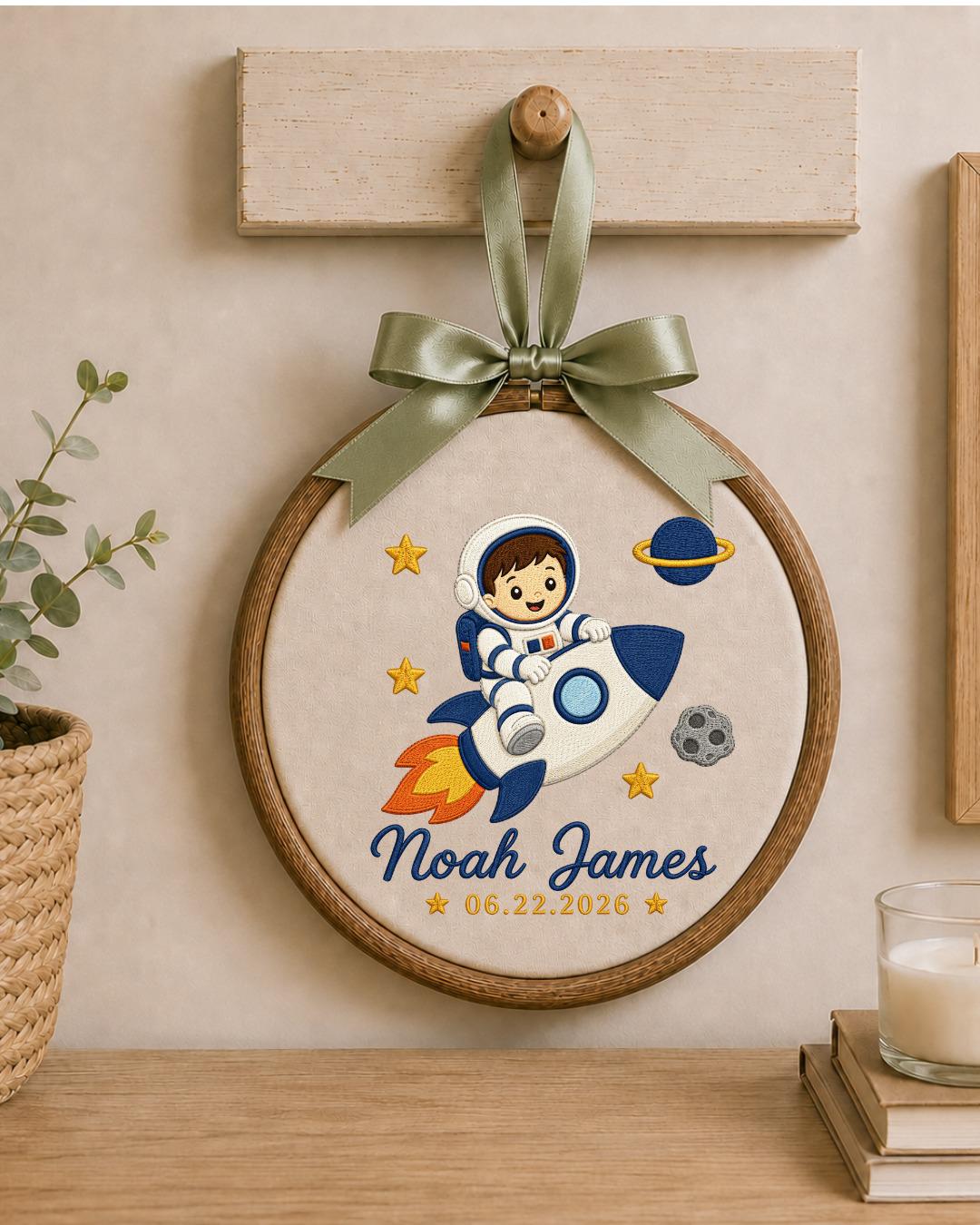 Personalized Embroidered Astronaut Ornament, Custom Baby Name and Birth Date Hoop, Space Nursery Decor, Baby Boy Keepsake Gift