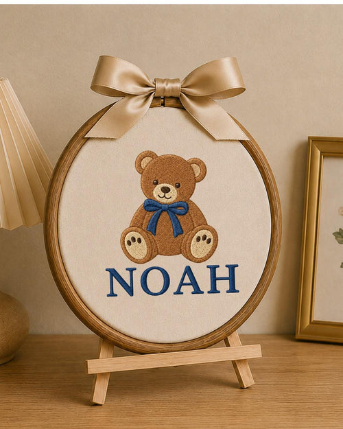 Personalized Embroidered Teddy Bear Ornament, Custom Baby Name Hoop, Classic Bear Nursery Decor, Baby Boy Gift, Newborn Keepsake