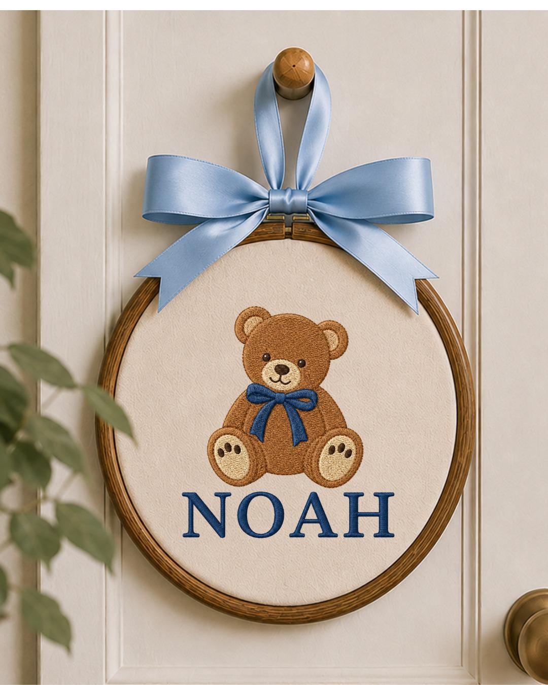 Personalized Embroidered Teddy Bear Ornament, Custom Baby Name Hoop, Classic Bear Nursery Decor, Baby Boy Gift, Newborn Keepsake