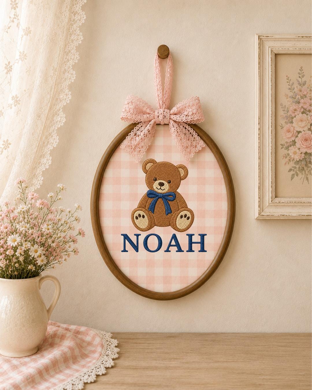 Personalized Embroidered Teddy Bear Ornament, Custom Baby Name Hoop, Classic Bear Nursery Decor, Baby Boy Gift, Newborn Keepsake