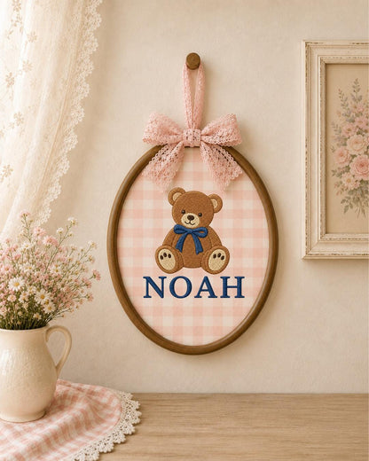 Personalized Embroidered Teddy Bear Ornament, Custom Baby Name Hoop, Classic Bear Nursery Decor, Baby Boy Gift, Newborn Keepsake