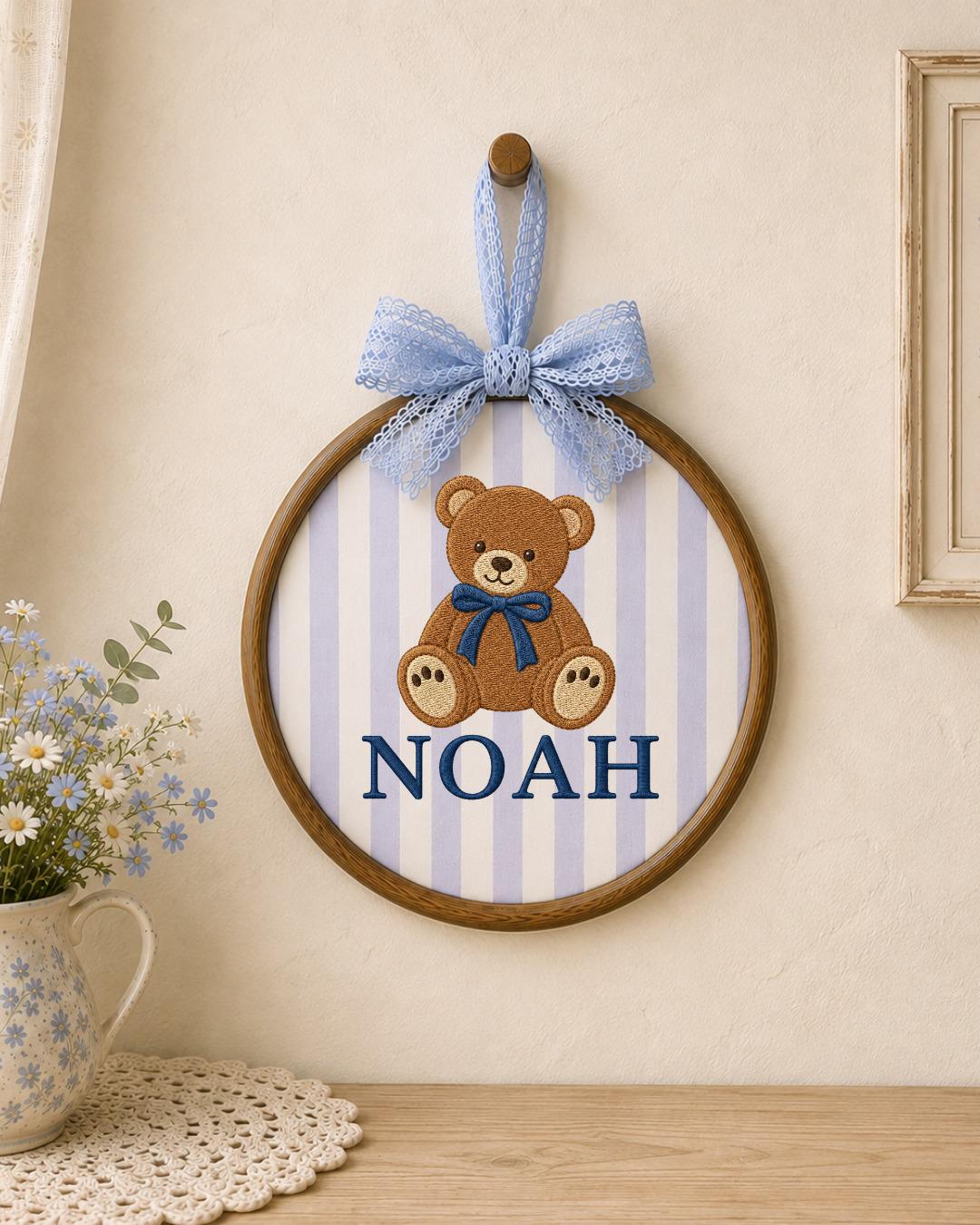 Personalized Embroidered Teddy Bear Ornament, Custom Baby Name Hoop, Classic Bear Nursery Decor, Baby Boy Gift, Newborn Keepsake
