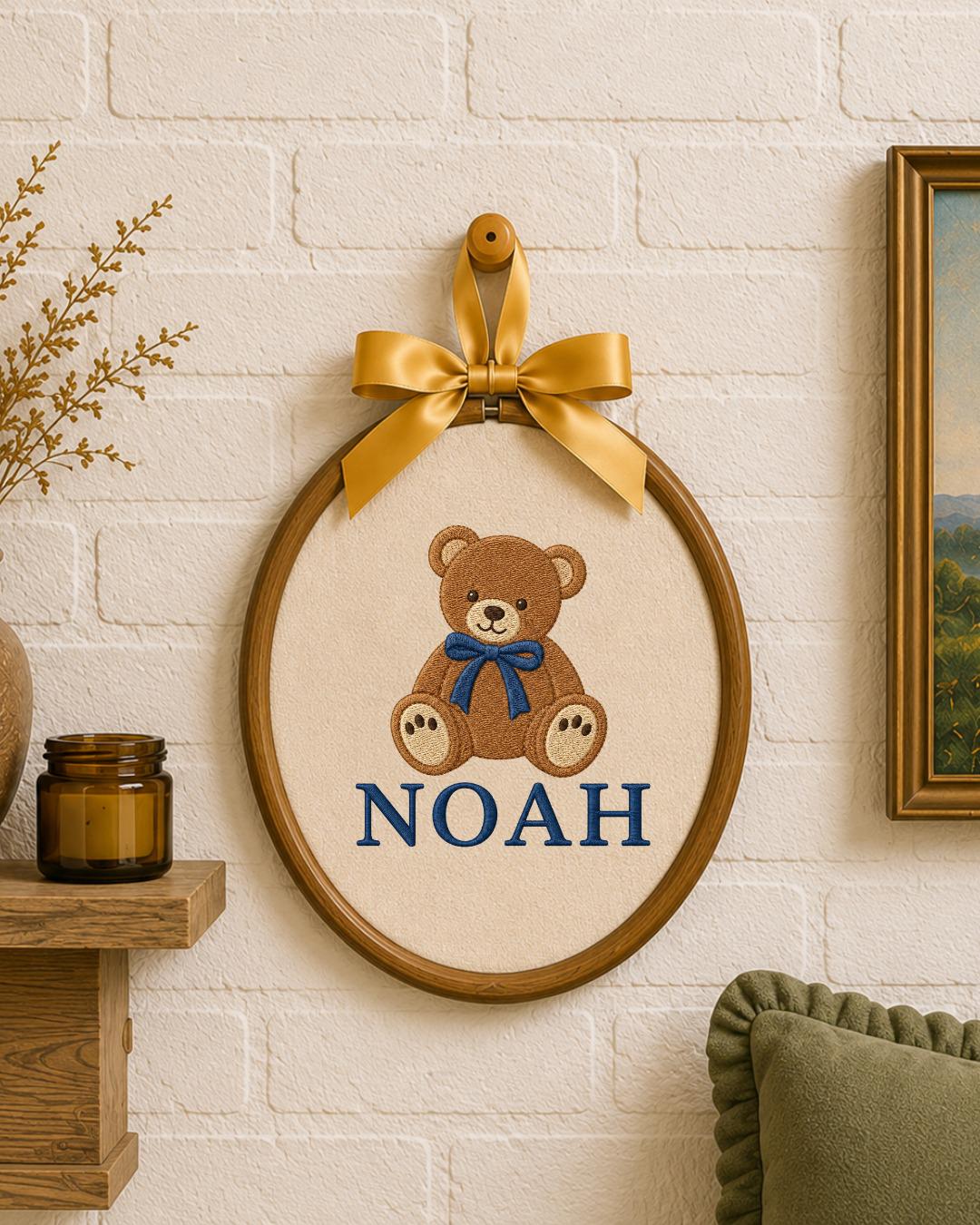Personalized Embroidered Teddy Bear Ornament, Custom Baby Name Hoop, Classic Bear Nursery Decor, Baby Boy Gift, Newborn Keepsake