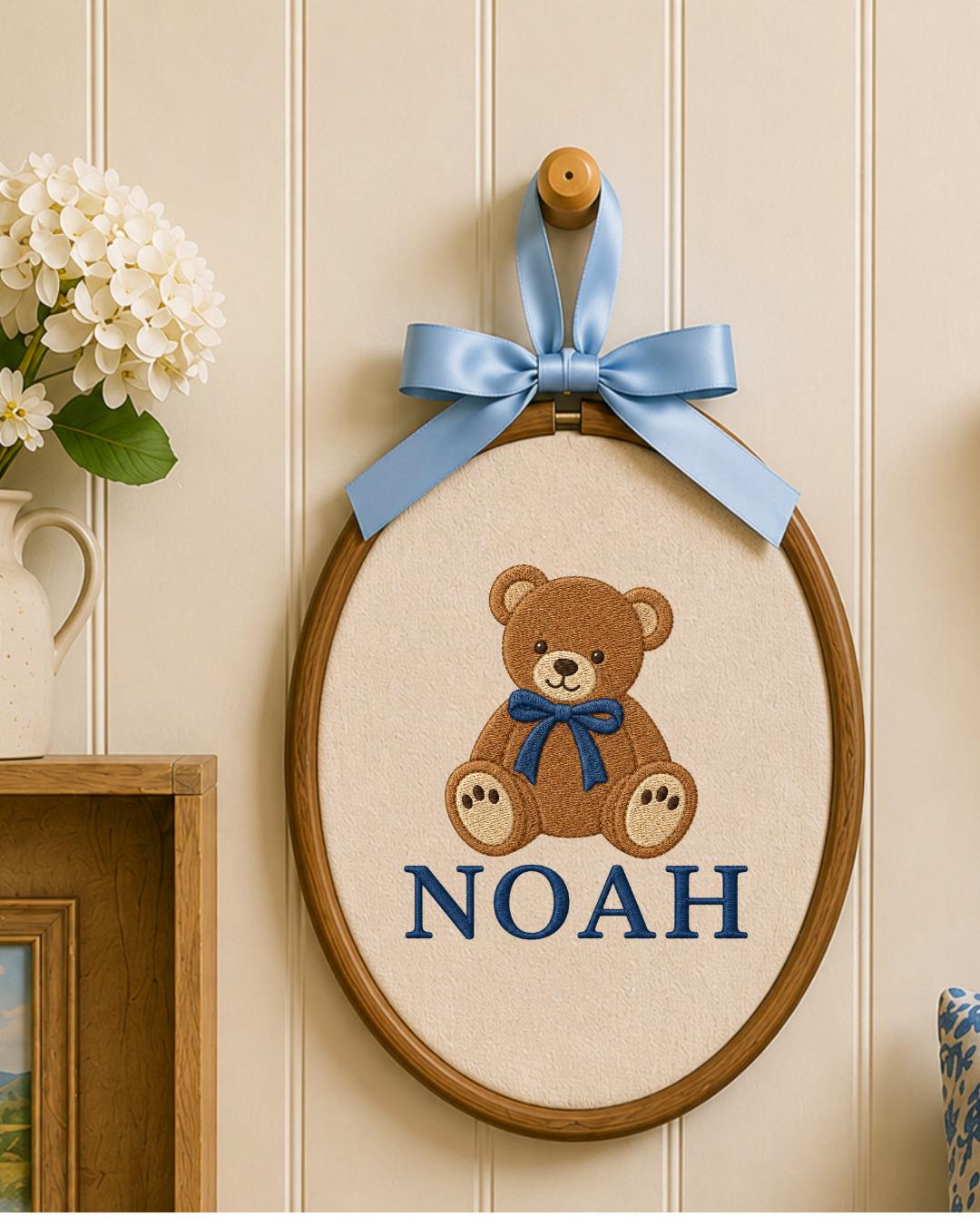 Personalized Embroidered Teddy Bear Ornament, Custom Baby Name Hoop, Classic Bear Nursery Decor, Baby Boy Gift, Newborn Keepsake