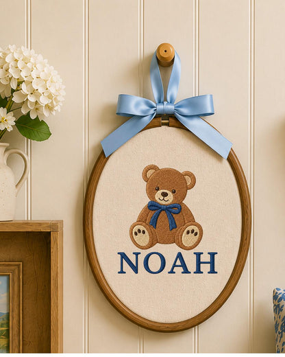 Personalized Embroidered Teddy Bear Ornament, Custom Baby Name Hoop, Classic Bear Nursery Decor, Baby Boy Gift, Newborn Keepsake