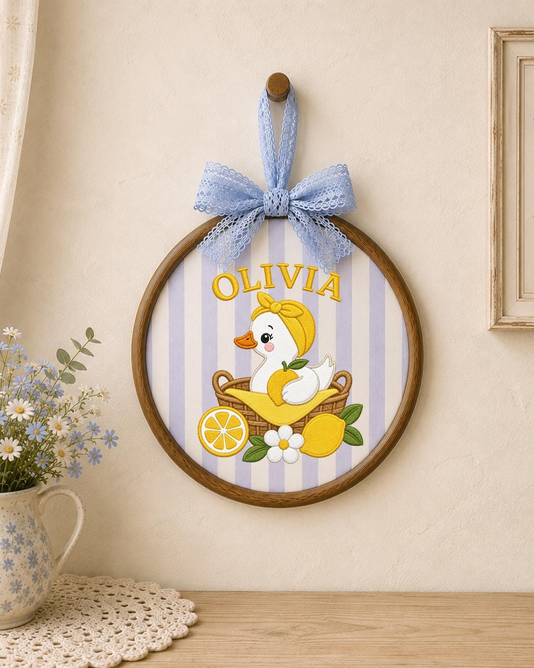 Personalized Embroidered Duck Ornament, Custom Baby Name Hoop, Lemon Nursery Decor, Baby Girl Gift, Summer Newborn Keepsake