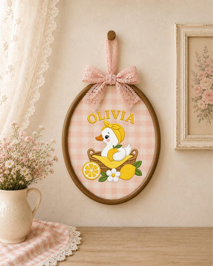 Personalized Embroidered Duck Ornament, Custom Baby Name Hoop, Lemon Nursery Decor, Baby Girl Gift, Summer Newborn Keepsake