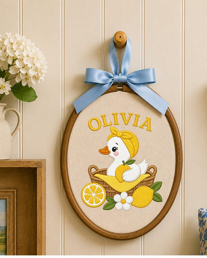 Personalized Embroidered Duck Ornament, Custom Baby Name Hoop, Lemon Nursery Decor, Baby Girl Gift, Summer Newborn Keepsake