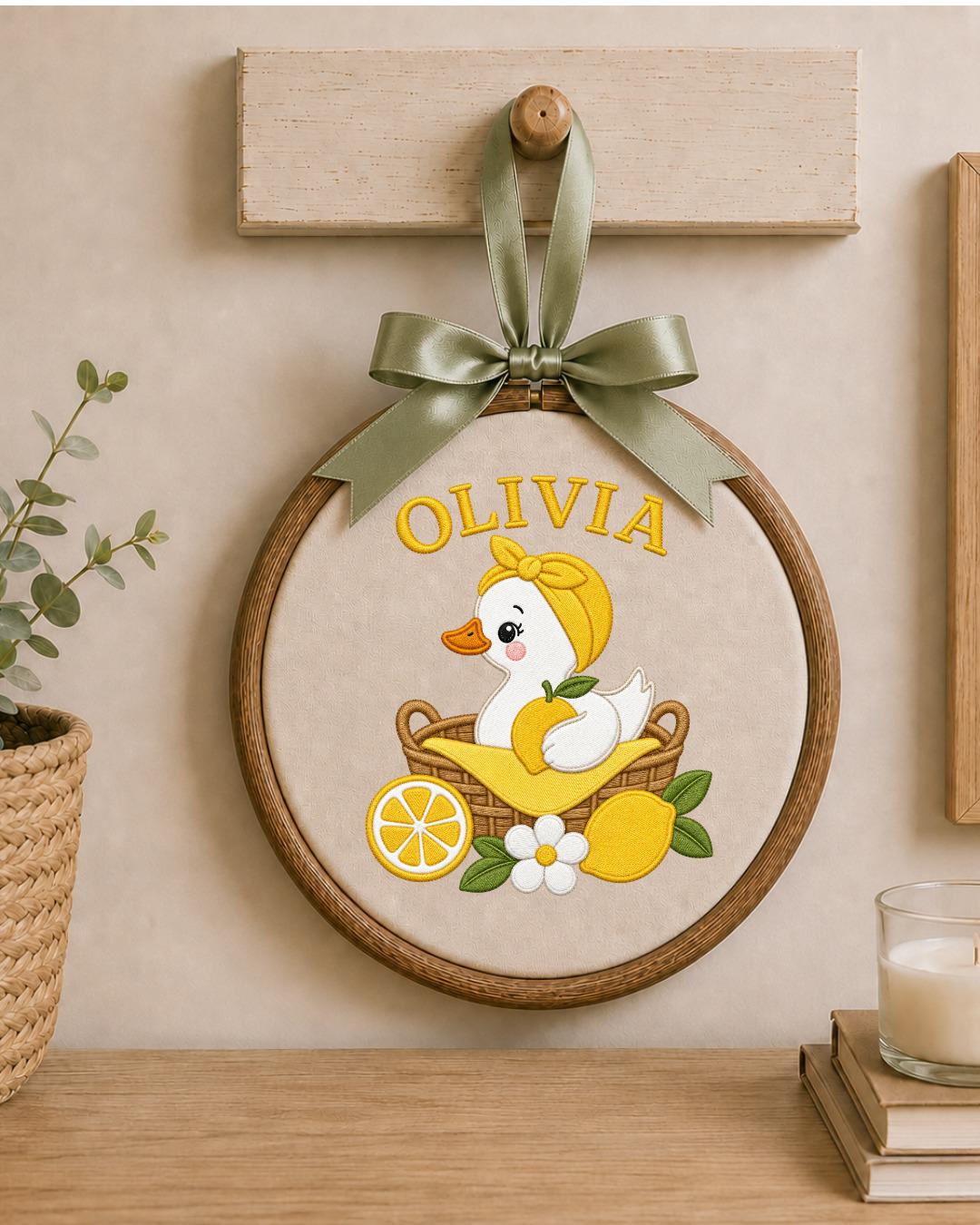 Personalized Embroidered Duck Ornament, Custom Baby Name Hoop, Lemon Nursery Decor, Baby Girl Gift, Summer Newborn Keepsake