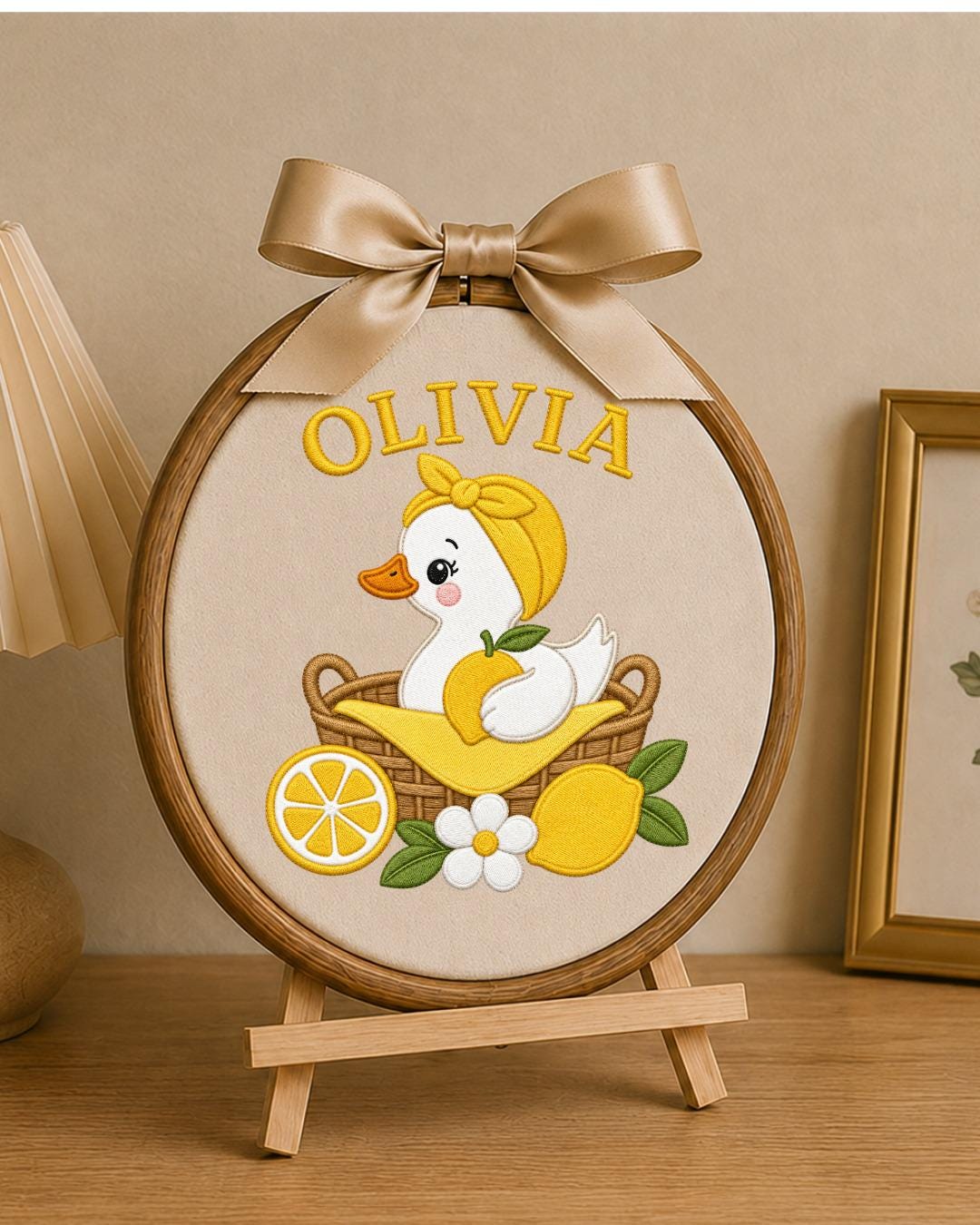 Personalized Embroidered Duck Ornament, Custom Baby Name Hoop, Lemon Nursery Decor, Baby Girl Gift, Summer Newborn Keepsake