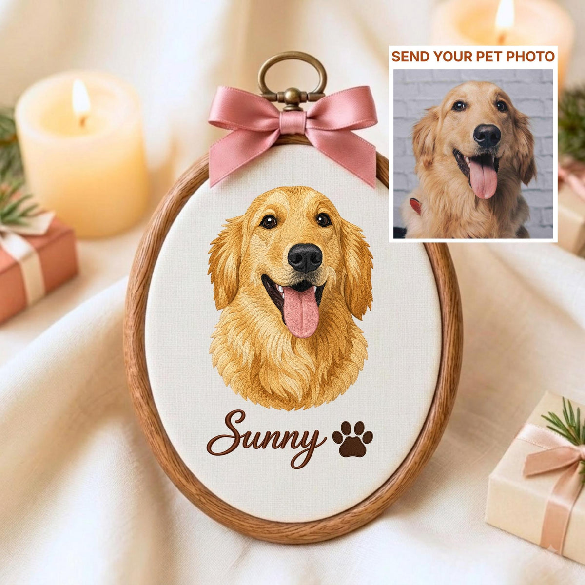 May include: An oval wooden embroidery hoop containing a fabric panel with a golden retriever portrait, the name Sunny, and a paw print. A pink satin ribbon bow is attached to the top metal hanger. An inset shows a photo of a golden retriever.