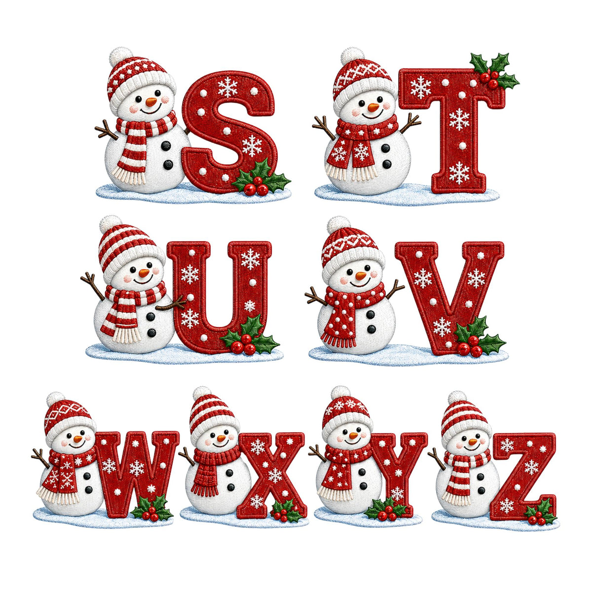 May include: A set of decorative letters S, T, U, V, W, X, Y, and Z in red with white snowflake patterns. Each letter is paired with a white snowman wearing a red and white striped hat and scarf, standing on a small patch of snow with holly.