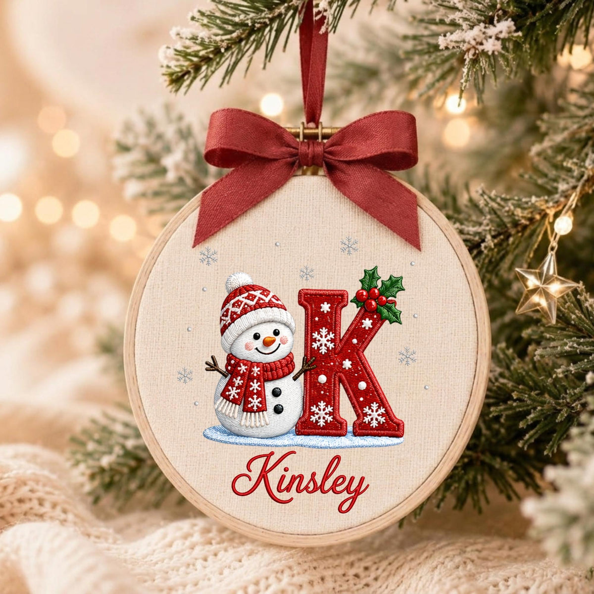 May include: A round embroidery hoop ornament featuring a snowman wearing a red and white patterned hat and scarf, a large red letter K decorated with white snowflakes and holly, and the name Kinsley in red script, topped with a red ribbon.