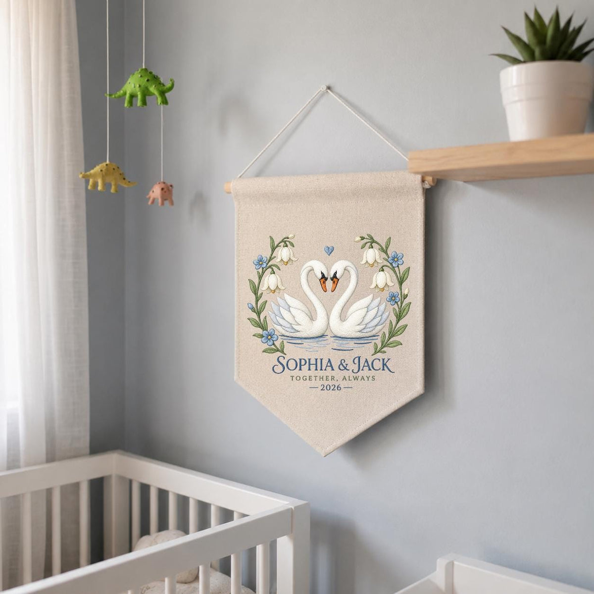 Personalized Couple Canvas Pennant Banner Decor, Custom Embroidered White Swan Heart Floral Name Date Wall Hanging Sign, Gift