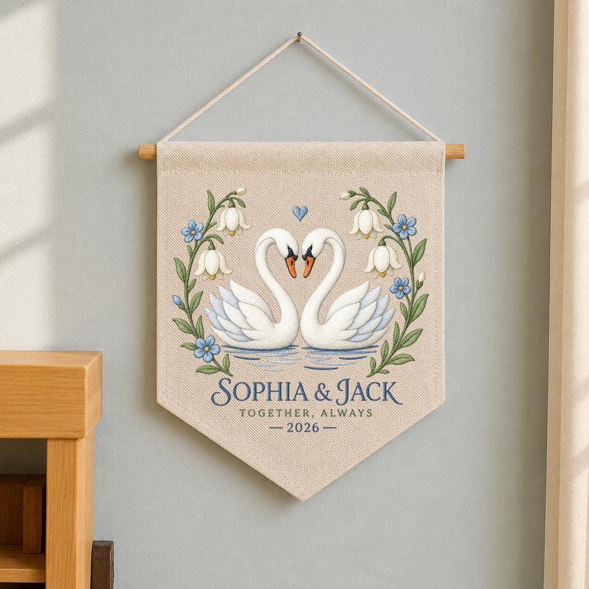 Personalized Couple Canvas Pennant Banner Decor, Custom Embroidered White Swan Heart Floral Name Date Wall Hanging Sign, Gift