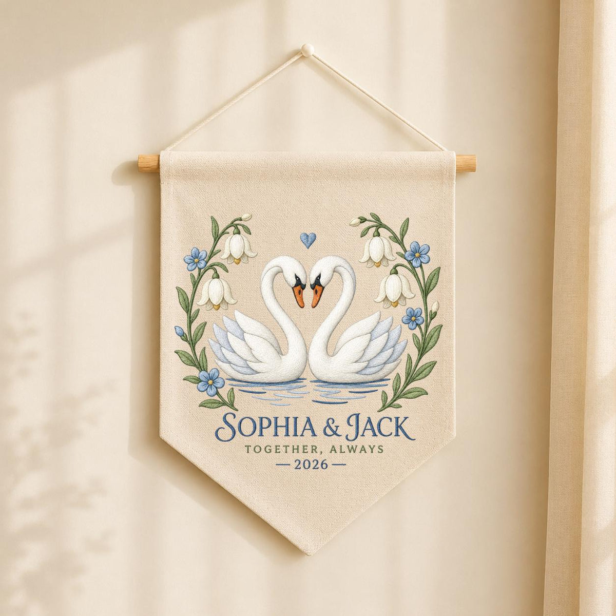 Personalized Couple Canvas Pennant Banner Decor, Custom Embroidered White Swan Heart Floral Name Date Wall Hanging Sign, Gift