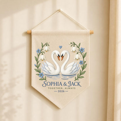 Personalized Couple Canvas Pennant Banner Decor, Custom Embroidered White Swan Heart Floral Name Date Wall Hanging Sign, Gift