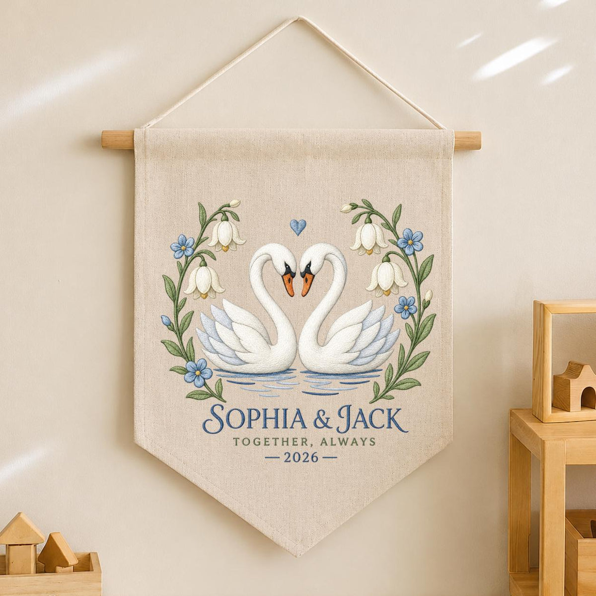 Personalized Couple Canvas Pennant Banner Decor, Custom Embroidered White Swan Heart Floral Name Date Wall Hanging Sign, Gift
