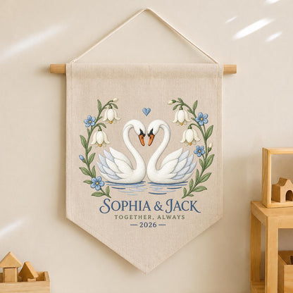 Personalized Couple Canvas Pennant Banner Decor, Custom Embroidered White Swan Heart Floral Name Date Wall Hanging Sign, Gift
