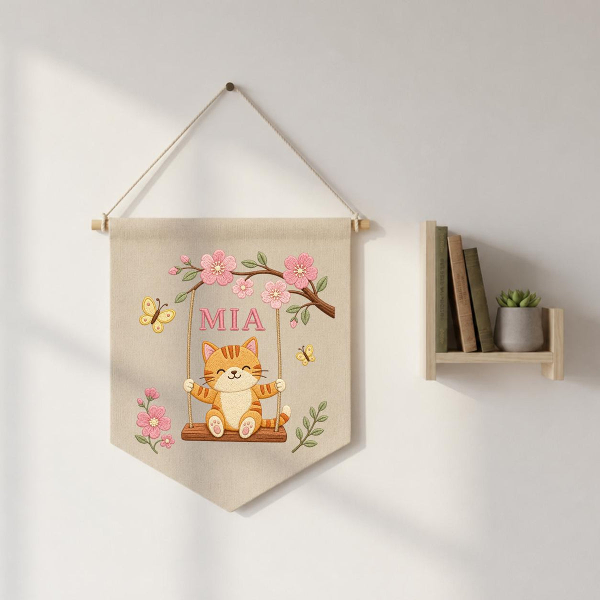 Personalized Cute Cat on Swing Canvas Pennant Banner, Custom Name Embroidered Kitten Cherry Blossom Baby Girl Nursery Wall Hanging Sign